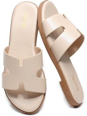 🆕Women's Beige Flat Sandals Open Toe Dressy Summer Sandals Comfortable